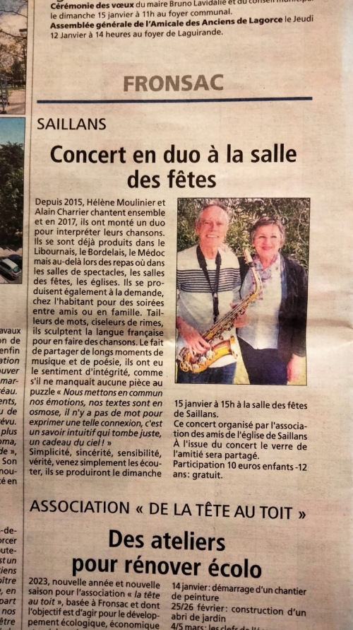Concert à la salle des fêtes de Saillans le dimanche 15/01/2023 à 15h